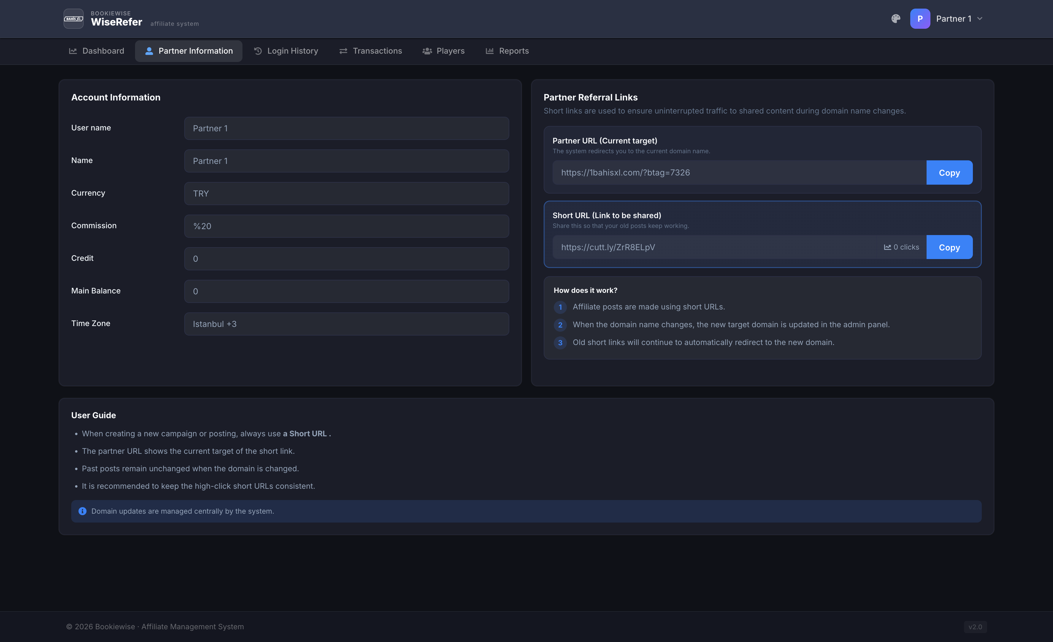 WiseRefer partner information, referral URL and short URL system