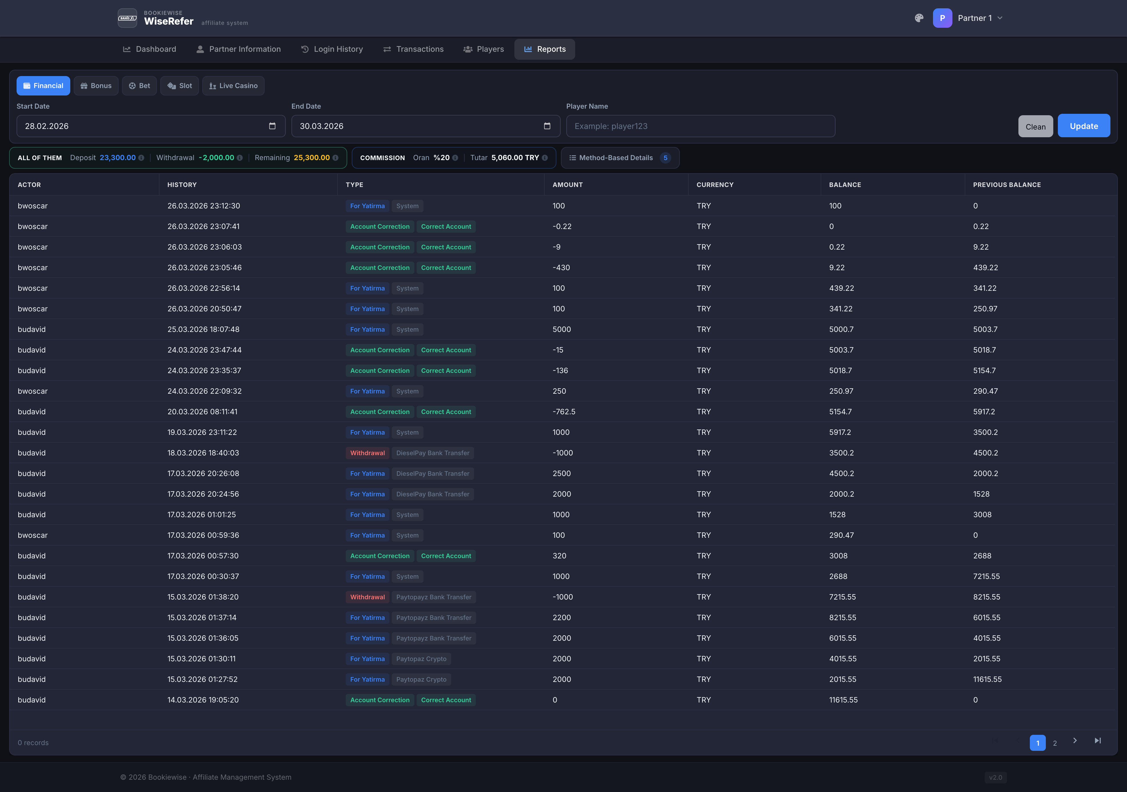 WiseRefer detailed financial reports with transaction history and filters